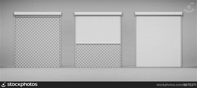 Garage doors, hangar entrances with roller shutters. Warehouse exterior with close and open boxes, Realistic 3d vector storage for car parking or rent, rooms for repair service with metal doorways. Garage doors, hangar entrance with roller shutters