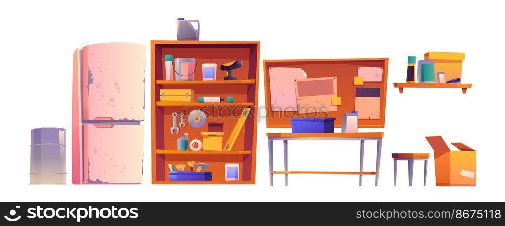 Garage equipment for carpentry and repair works. Vector cartoon interior of workshop or storeroom, set of construction tools, table, shelves and old refrigerator isolated on white background. Garage equipment for carpentry and repair works