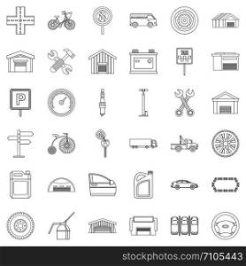 Garage icons set. Outline style of 36 garage vector icons for web isolated on white background. Garage icons set, outline style