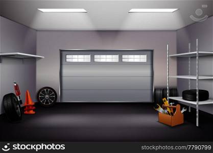 Garage interior realistic composition with tyres and instruments realistic vector illustration. Garage Interior Realistic Composition