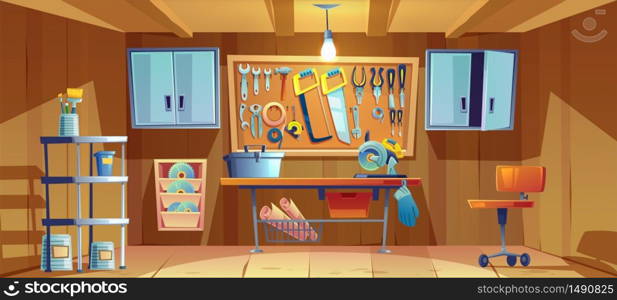 Garage interior with instruments, tools for carpentry and repair works. Empty workshop with mitre saw and toolbox on workbench. Screwdriver, pliers and hammer on wall board Cartoon vector illustration. Garage interior with instruments for repair works