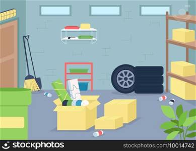 Garage junk flat color vector illustration. Spring cleaning and decluttering. Organize mess in home. Housekeeping work. Cluttered house 2D cartoon interior with furniture on background. Garage junk flat color vector illustration