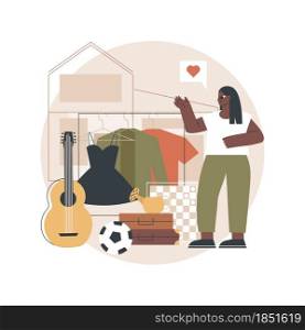 Garage sale abstract concept vector illustration. Flea market, second hand goods, garage selling day, vintage clothing give away, used inventory, yard pop up rummage sale abstract metaphor.. Garage sale abstract concept vector illustration.