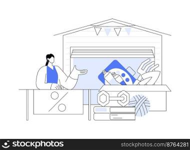 Garage sale abstract concept vector illustration. Flea market, second hand goods, garage selling day, vintage clothing give away, used inventory, yard pop up rummage sale abstract metaphor.. Garage sale abstract concept vector illustration.