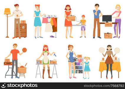 Garage sale and second hand staff, selling goods vector. Yard sale of furniture and clothes, technology and sport items, music discs and kitchenware isolated characters. Garage Sale and Second Hand Staff, Selling Goods