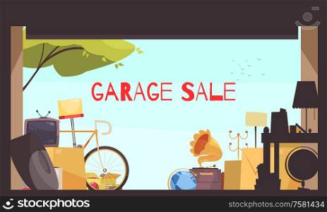 Garage sale background with bicycle TV and furniture symbols flat vector illustration