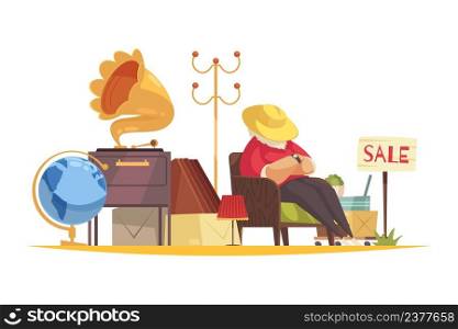 Garage sale composition with character of sleeping person surrounded by old fashioned items for sale vector illustration. Sale Garage Goods Composition