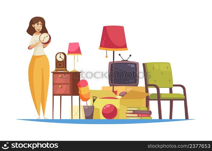 Garage sale composition with doodle style character of woman with clock and pieces of vintage furniture vector illustration. Garage Goods Sale Composition