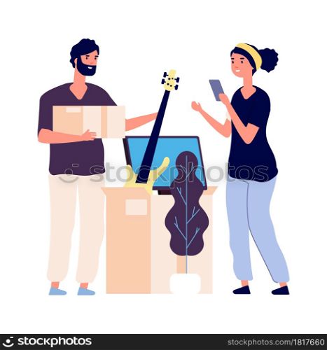 Garage sale. Couple collecting supplies for flea marker. Family moving new home. Isolated man woman with boxes vector illustration. Woman and man collect things in cardboard. Garage sale. Couple collecting supplies for flea marker. Family moving new home. Isolated man woman with boxes vector illustration