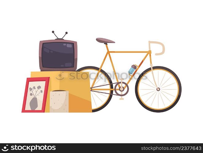Garage sale items composition with images of second hand tv bike and wall picture to be sold vector illustration. Selling My Stuff Composition