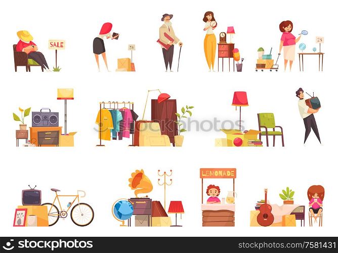 Garage sale items sellers buyers visitors used clothing furniture bicycle musical instruments tv set flat vector illustration