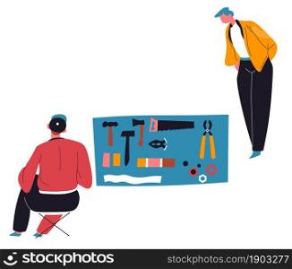 Garage sale or second hand market at street, isolated male character selling instrument and working tools to interested customer. Old wrench and hammer, vintage appliances. Vector in flat style. Selling second hand tool and instruments at street