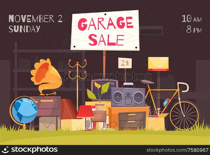 Garage sale poster with date and time symbols flat vector illustration