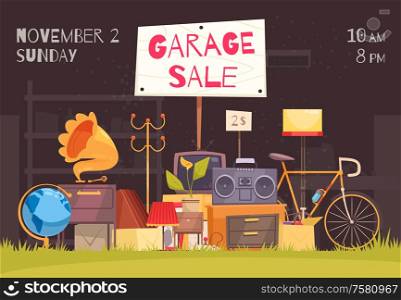 Garage sale poster with date and time symbols flat vector illustration