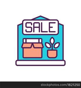 Garage sale RGB color icon. Selling household goods from estate. Bargain, special offer. Vintage store. Smart shopping. Commerce and retail. Public sale in neighborhood. Isolated vector illustration. Garage sale RGB color icon