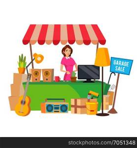 Garage Sale Vector. Assorted Household Items. Flat Cartoon Illustration. Yard Sale Vector. Household Items Sale. Woman Manning a Garage Sale. Cartoon Character Illustration