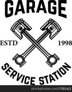 Garage. Service station. Emblem with crossed pistons. Car repair. Design element for logo, label, emblem, sign. Vector illustration