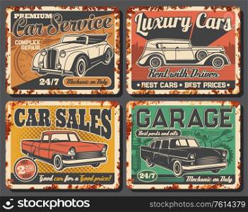 Garage station maintenance, rent and vintage car sale metal rusty vector plates. Vintage cabriolet or sedan, antique limousine and classic vehicle. Retro cars rental and repair service. Garage station, rent, car sale rusty plates