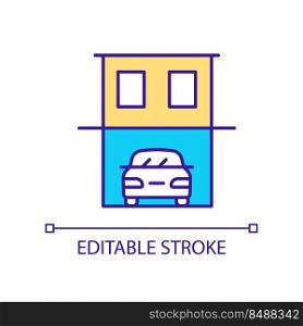 Garage underneath house RGB color icon. Safely vehicle storage. Basement garage. Safety precaution. Isolated vector illustration. Simple filled line drawing. Editable stroke. Arial font used. Garage underneath house RGB color icon