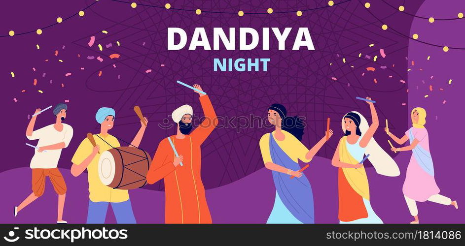 Garba dandiya night banner. Gujarat folk disco, girls boys holiday dancing. Religion music festival, young indian couple vector illustration. Celebration poster festival, garba dandiya dance. Garba dandiya night banner. Gujarat folk disco, girls boys holiday dancing. Religion music festival, young indian couple vector illustration