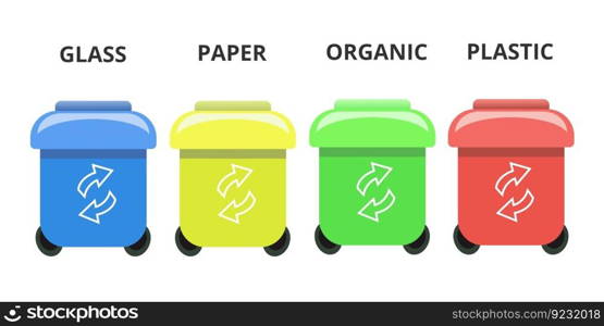 Garba≥sorting contai≠r can organic plastic glass paper different icon set colorful illustration concept