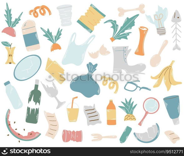 Garbage and household waste hand drawn set. Unsorted trash includes leftover food, broken items, glass, plastic, paper. Environmental pollution, social problems. Vector illustration. Garbage and household waste hand drawn set