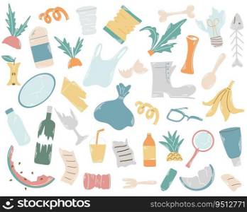 Garbage and household waste hand drawn set. Unsorted trash includes leftover food, broken items, glass, plastic, paper. Environmental pollution, social problems. Vector illustration. Garbage and household waste hand drawn set