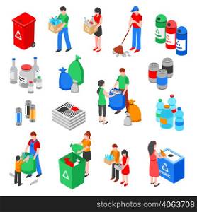 Garbage and plastic recycling isolated images set with isometric rubbish containers trash bins and people characters vector illustration. Garbage Recycling Elements Set