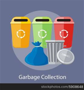 Garbage and recycling cans collection concept. Concept in flat design style. Can be used for web banners, marketing and promotional materials, presentation templates