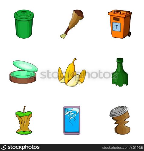 Garbage and recycling icons set. Cartoon illustration of 9 garbage and recycling vector icons for web. Garbage and recycling icons set, cartoon style