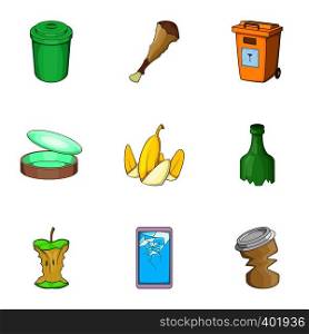 Garbage and recycling icons set. Cartoon illustration of 9 garbage and recycling vector icons for web. Garbage and recycling icons set, cartoon style