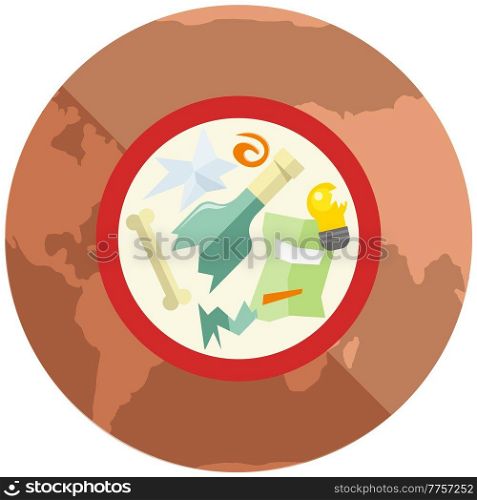 Garbage and unrecycled waste vector illustration in round frame. Dried, hot and red planet. Glass, plastic and metal waste. Earth suffers from human activity. Saving Earth and environmental care. Garbage and unrecycled waste vector illustration in round frame. Dried, hot and red planet globe