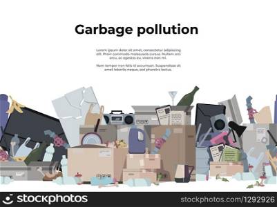 Garbage background. Seamless pattern with plastic paper organic metal and toxic waste, trash texture. Vector poster with pile of rubbish on white background, as a problem of environmental pollution. Garbage background. Seamless pattern with plastic paper organic metal and toxic waste, trash texture. Vector poster with pile of rubbish