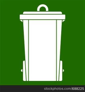 Garbage bin icon white isolated on green background. Vector illustration. Garbage bin icon green