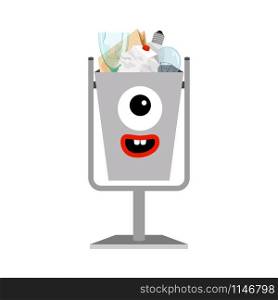 Garbage can with different type of trash isolated on the white background, vector illustration. Garbage can with different types trash