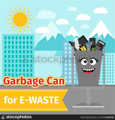Garbage can with e-waste trash and monster face on the street, vector illustration. Garbage can with e-waste trash