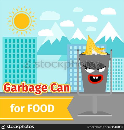 Garbage can with food trash and monster face on the street, vector illustration. Food trash can with monster face