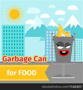 Garbage can with food trash and monster face on the street, vector illustration. Food trash can with monster face