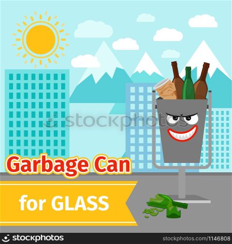 Garbage can with glass trash and monster face on the street, vector illustration. Glass trash can with monster face