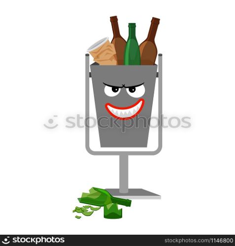 Garbage can with glass trash isolated on the white background, vector illustration. Garbage can with glass trash