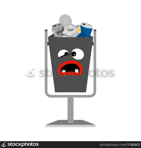Garbage can with metal trash isolated on the white background, vector illustration. Garbage can with metal trash