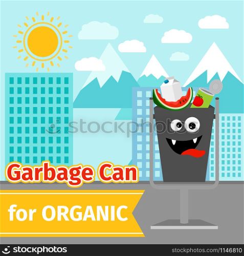 Garbage can with organic trash and monster face on the street, vector ilustration. Organic trash can with monster face