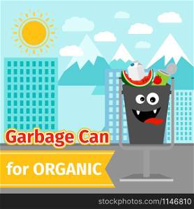 Garbage can with organic trash and monster face on the street, vector ilustration. Organic trash can with monster face