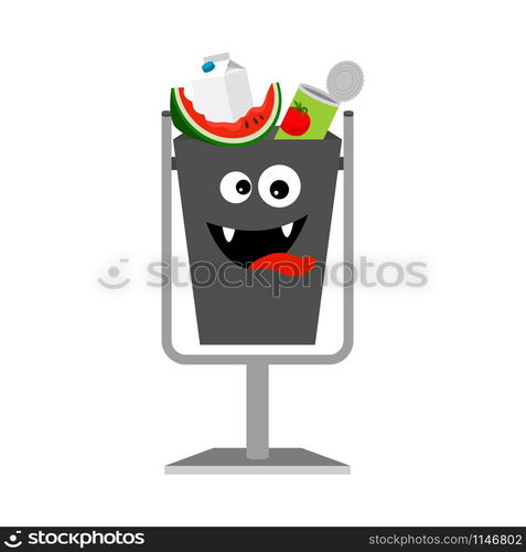 Garbage can with organic trash isolated on the white background, vector illustration. Garbage can with organic trash