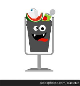 Garbage can with organic trash isolated on the white background, vector illustration. Garbage can with organic trash