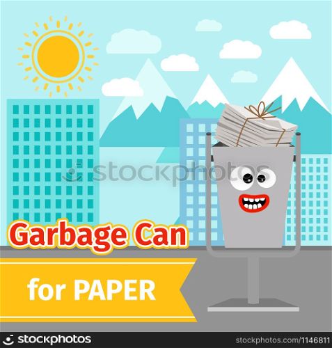 Garbage can with paper trash and monster face on the street, vector ilustration. Paper trash can with monster face