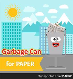 Garbage can with paper trash and monster face on the street, vector ilustration. Paper trash can with monster face