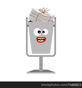 Garbage can with paper trash isolated on the white background, vector illustration. Garbage can with paper trash