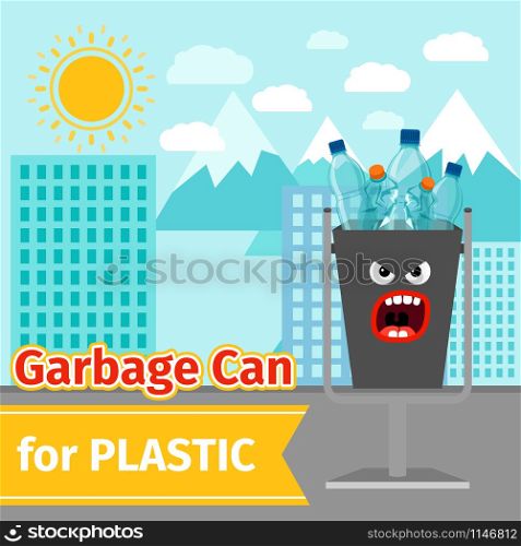 Garbage can with plastic trash and monster face on the street, vector ilustration. Plastic trash can with monster face