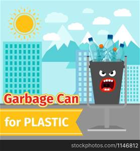 Garbage can with plastic trash and monster face on the street, vector ilustration. Plastic trash can with monster face